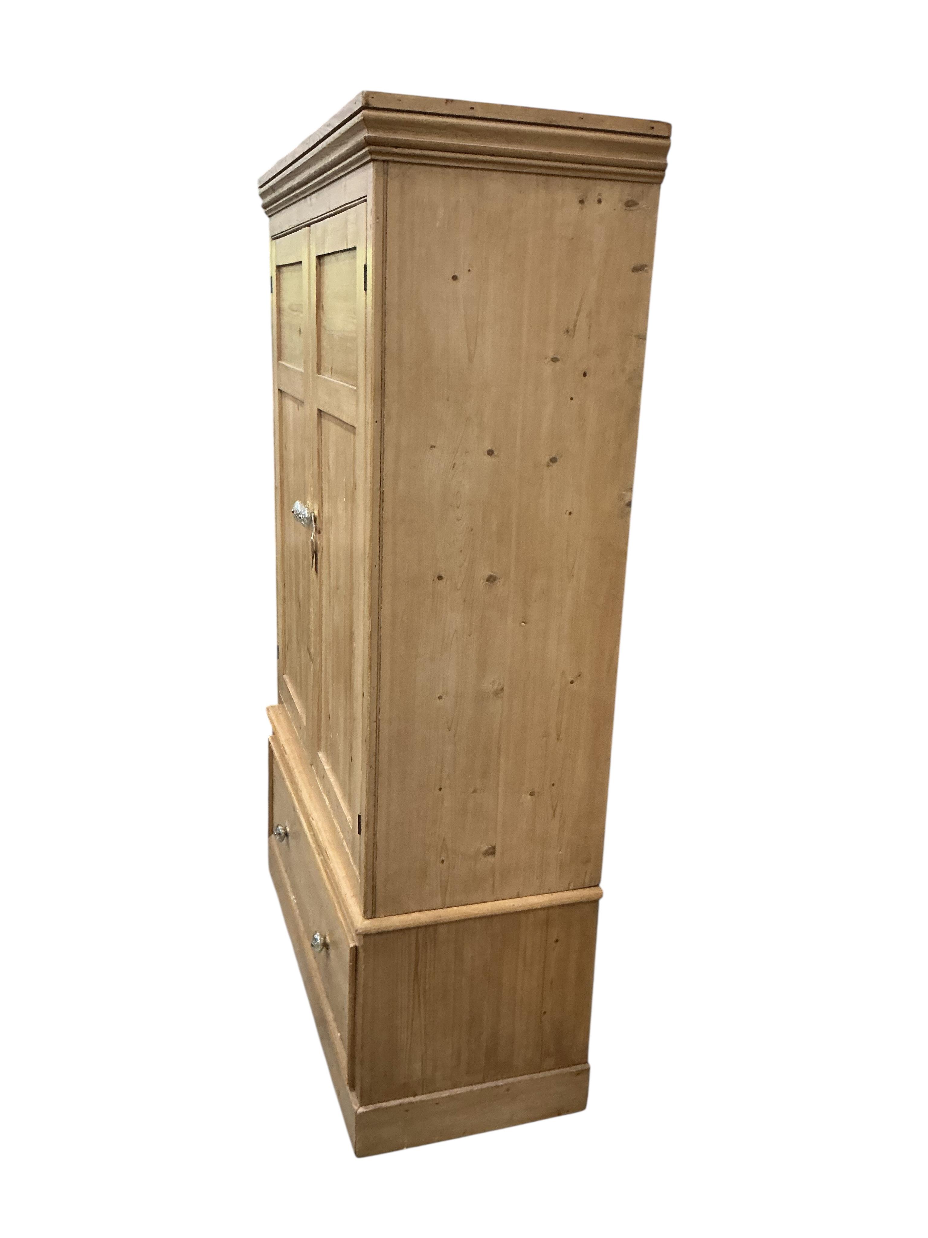 A late Victorian panelled pine two door wardrobe, width 114cm, depth 50cm, height 185cm